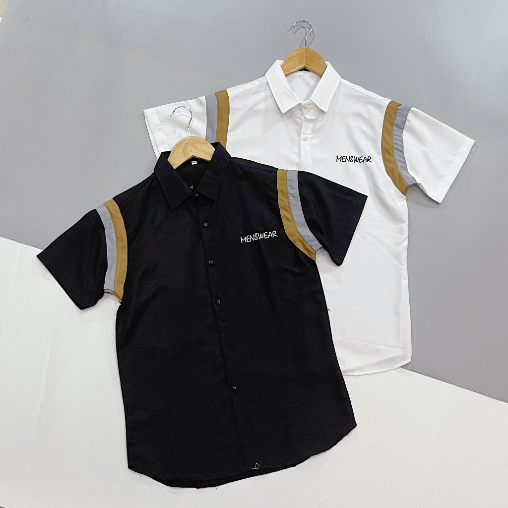 Áo sơ mi 3D tay ngắn, sơ mi nam nữ ngắn tay thêu chữ MENSWEAR, in chữ THOM, chất kate lụa mềm mịn thoáng mát