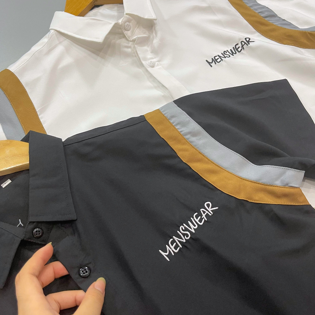 Áo sơ mi 3D tay ngắn, sơ mi nam nữ ngắn tay thêu chữ MENSWEAR, in chữ THOM, chất kate lụa mềm mịn thoáng mát