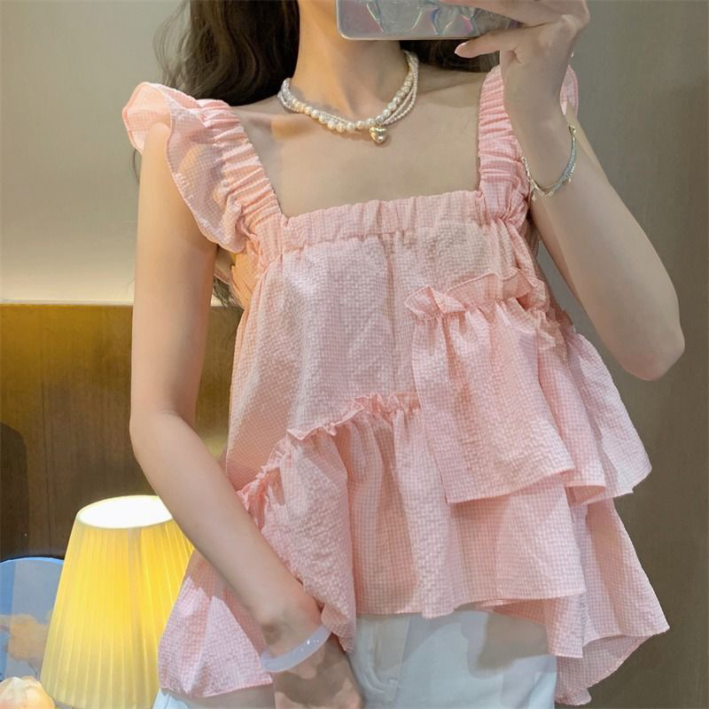 Áo Baby Doll Caro Xếp Tầng Lệch, Phong Cách Korean