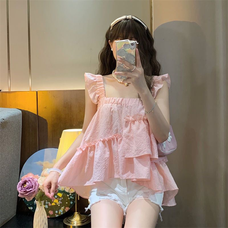 Áo Baby Doll Caro Xếp Tầng Lệch, Phong Cách Korean