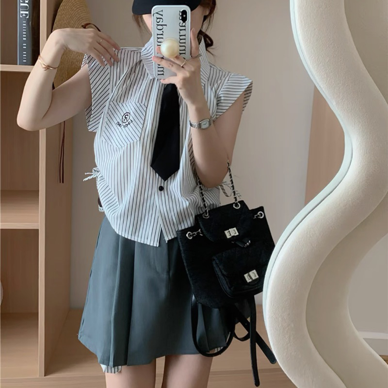 Set SơMi Kẻ Sọc Kèm Chân Váy Tặng Cavat BauBe Có  - Trendy by Thư Trần