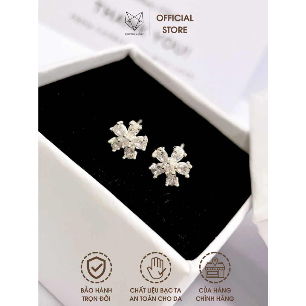 Khuyên Tai Bạc S92 CaoBac Silver Mặt Hoa Năm Cánh Đính Đá Phong Cách Nhẹ Nhàng Dành Cho Nữ - Trang Sức Cáo Bạc JEWELLERY