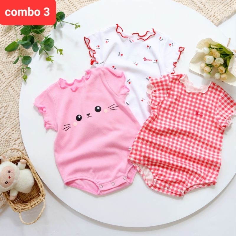 Combo 3 body chip sơ sinh bé gái Bunnybaby, chất thun organic cotton.