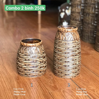 Set 2 bình hoa bát tràng vân mây tre đan, set bình gốm lọ gốm men mộc gth90