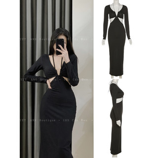Váy body dài tay dài xốp khoen ngực chữ V hở lưng ( hình chính chủ )