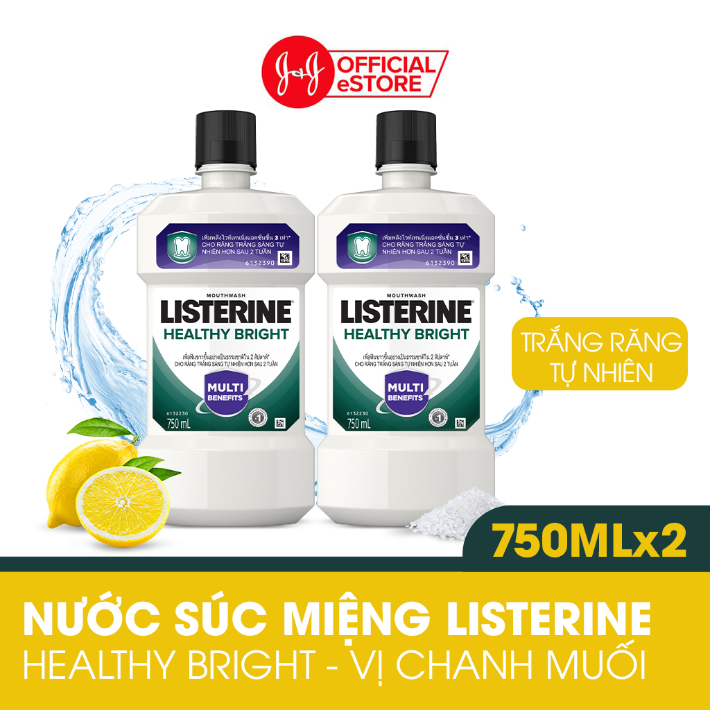 Bộ 2 Nước súc miệng làm trắng răng Listerine Healthy Bright Mouthwash 750ml/chai