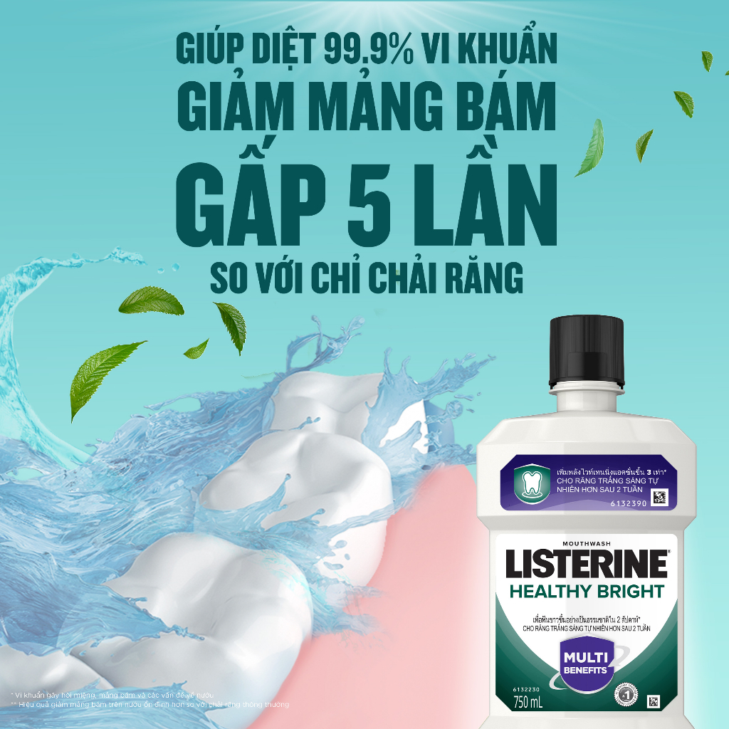 Bộ 2 Nước súc miệng làm trắng răng Listerine Healthy Bright Mouthwash 750ml/chai