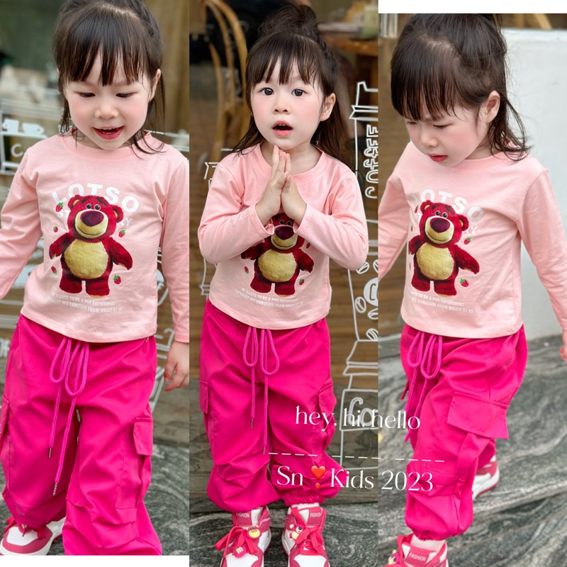 (9-30kg) giá sỉ set gấu dâu quần bom túi hộp áo thun cotton qc bé gái