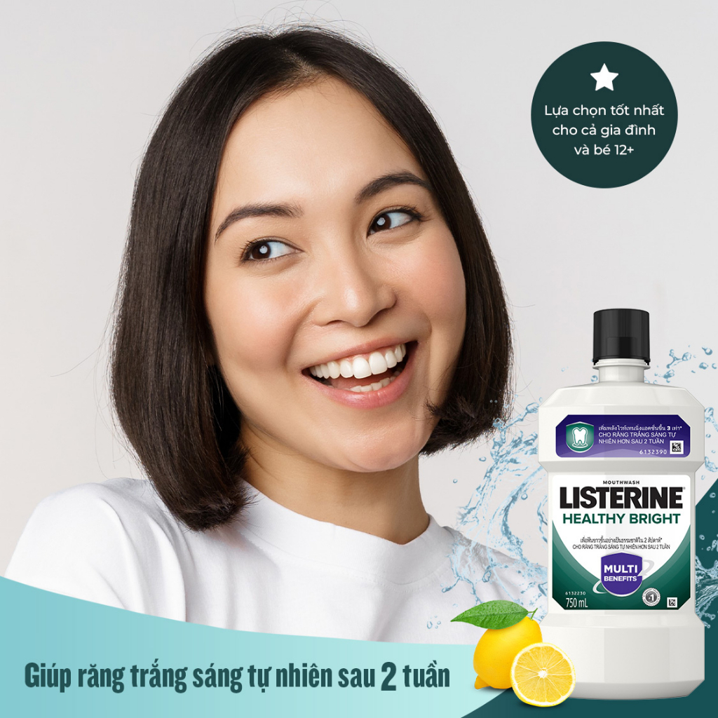 Nước súc miệng giúp răng trắng sáng tự nhiên Listerine Healthy Bright Mouthwash - Dung tích 750ml