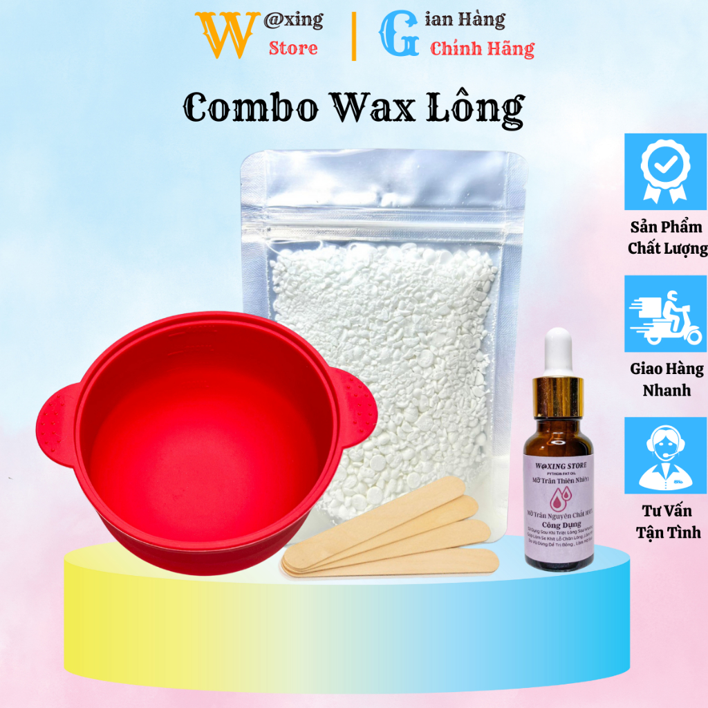100G Sáp wax lông nóng dạng vụn + Bát silicon nấu sáp + Mỡ trăn tặng kèm que gỗ