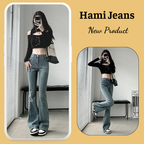 Quần Jeans Ống Loe Tua Gấu, Quần Jeans Lưng Cao Thiết Kế Trẻ Trung Năng Động