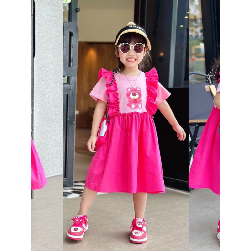 (10-30kg) Váy gấu dâu viền bèo, váy 2 dây hoa hồng tim công chúa Jane snkids