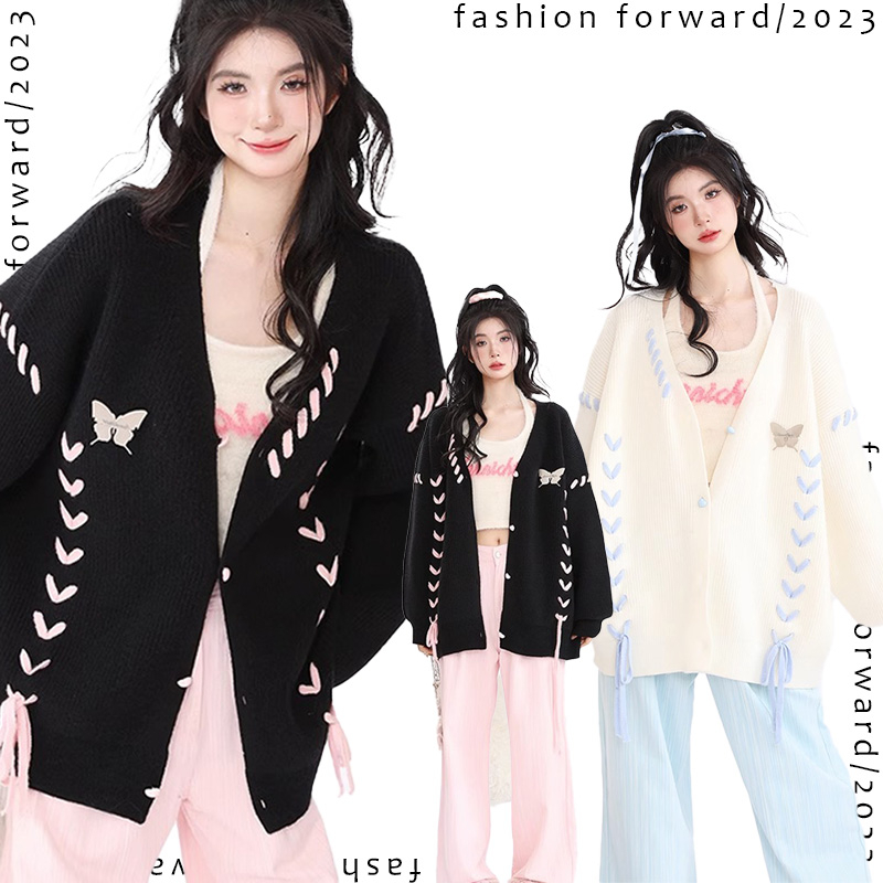 ẢNH THẬTÁo cardigan len mỏng cho mùa thu dây đan chéo khuy tim mini nhỏ kèm logo hồ điệp form rộng oversize ulzzan