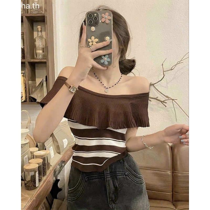 Len mongtoghi kẻ: không tay, trễ vai, 1 layer