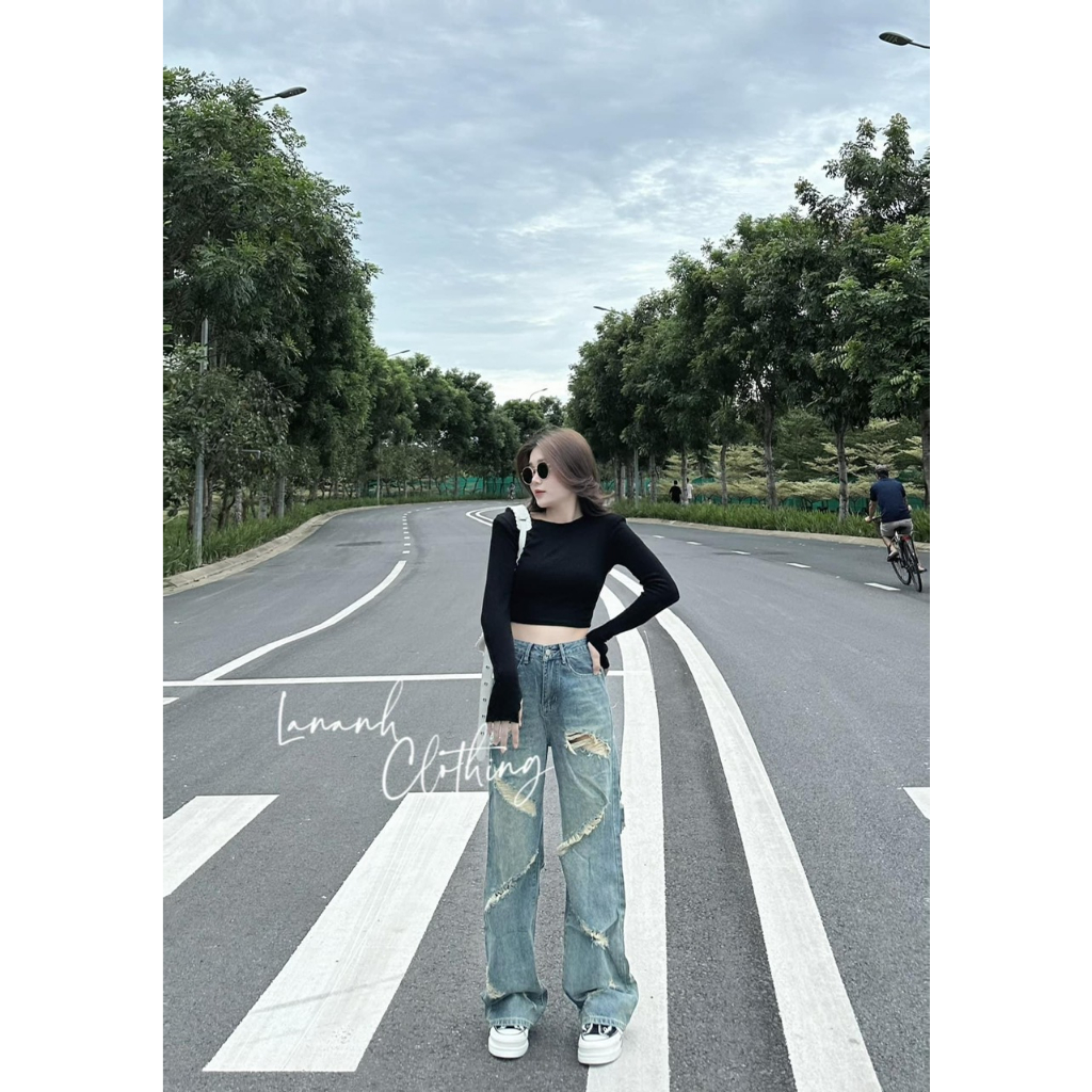 Quần Jeans Nữ Suông Rách Gối Chéo Lưng Cạp Cao Ống Rộng Cao Cấp