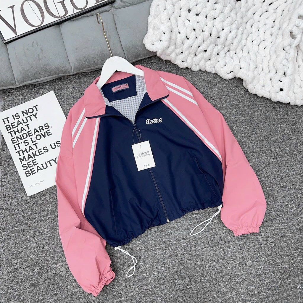 Áo khoác dù nữ tay phối sọc, lai rút dây