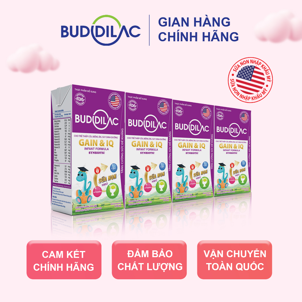 Lốc 4 hộp sữa bột pha sẵn Buddilac Gain & IQ cho trẻ thấp còi, biếng ăn, suy dinh dưỡng 110 ml