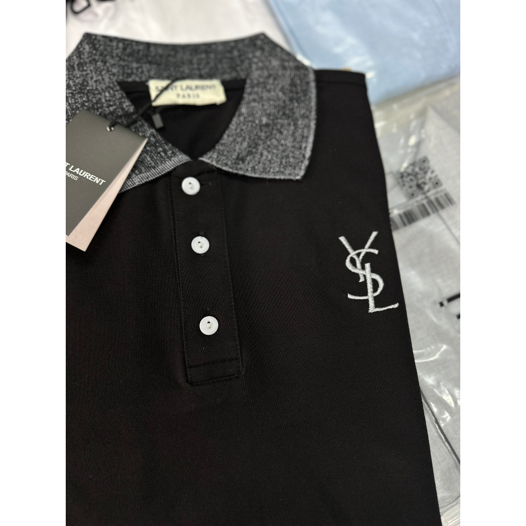 Áo PoLo YSL Cổ Dệt Nhũ Kim Tuyến  Vải Cotton 100%