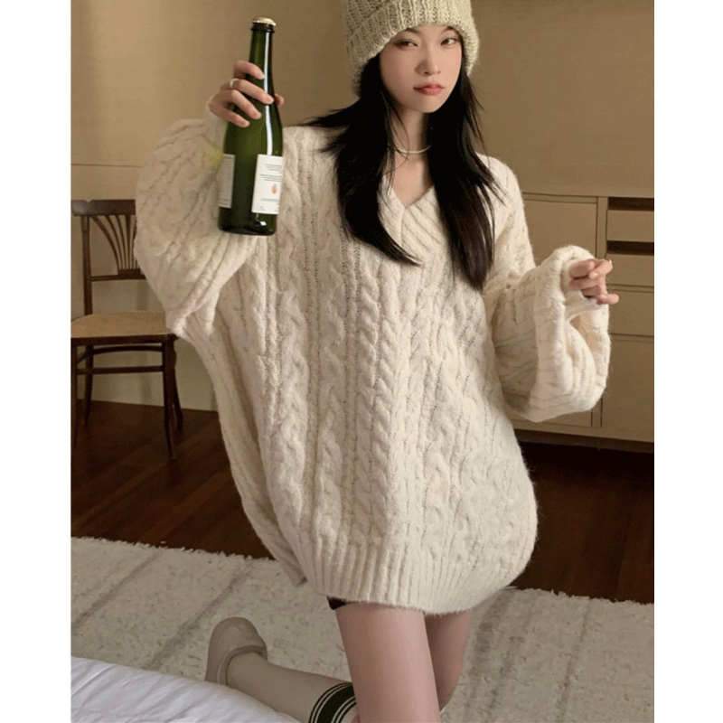 Áo len vặn thừng cổ V dáng rộng oversize trùm mông màu pastel