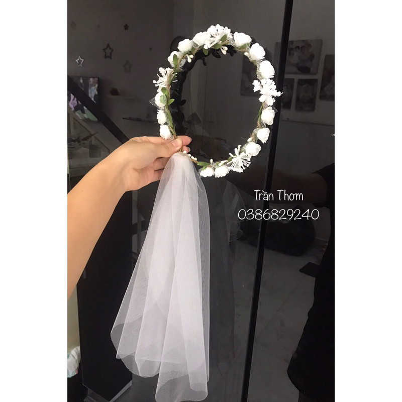 Vòng hoa đội đầu hoa xốp phối bông hoa tuyết trắng