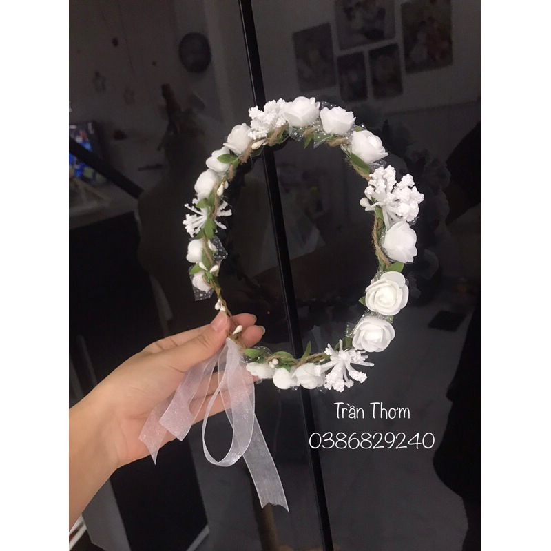 Vòng hoa đội đầu hoa xốp phối bông hoa tuyết trắng