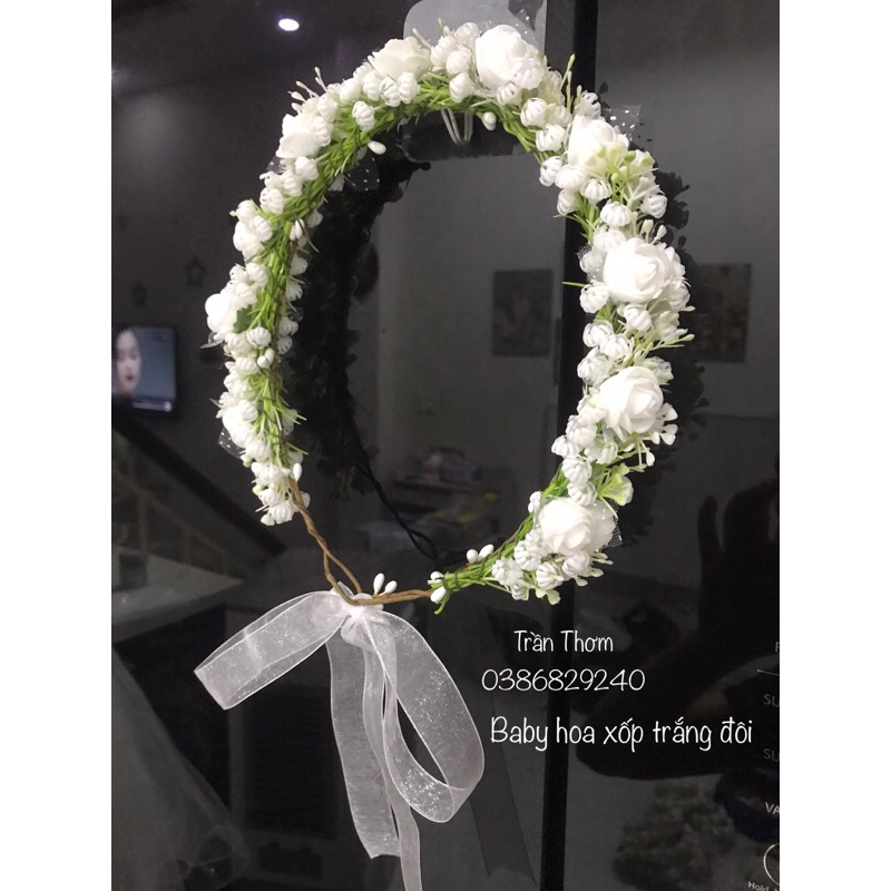 Vòng hoa đội đầu kỉ yếu hoa baby phối hoa hồng xốp