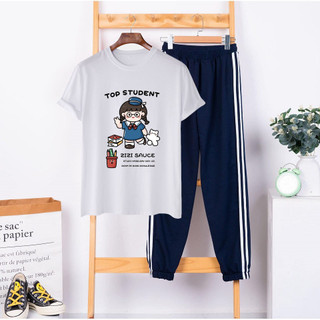 Sét Đồ Nữ Đẹp Đi Chơi Xinh Cute Áo Cotton In Student Mix Quần Dài Đen Sọc Bo Gấu
