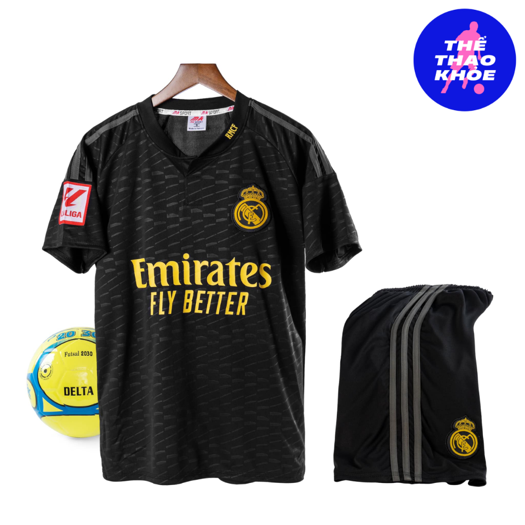 Quần Áo Bóng Đá, Đồ Đá Banh Ronaldo CLB Real Đen Mẫu Mới 2023 2024 - Thun Lạnh Cao Cấp, Không Nhăn, Không Xù Lông