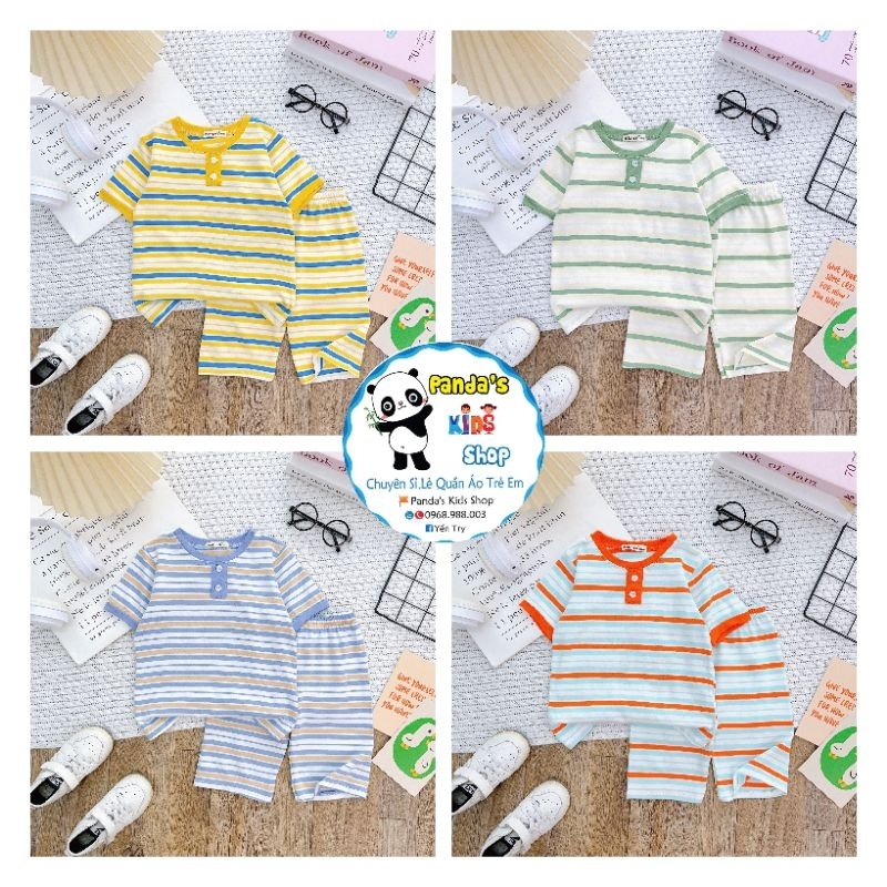 Bộ tay cộc CỔ TRỤ quần lửng ngố sọc dệt thun lạnh minkymom 8-28kg