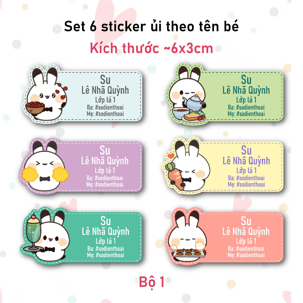 Bộ 6 Sticker Ủi In Tên Bé Mẫu Thỏ Quản Gia - Sticker Ủi Quần Áo, Ba lô, Chăn Gối Đánh Dấu Đồ Dùng Cá Nhân Cho Bé
