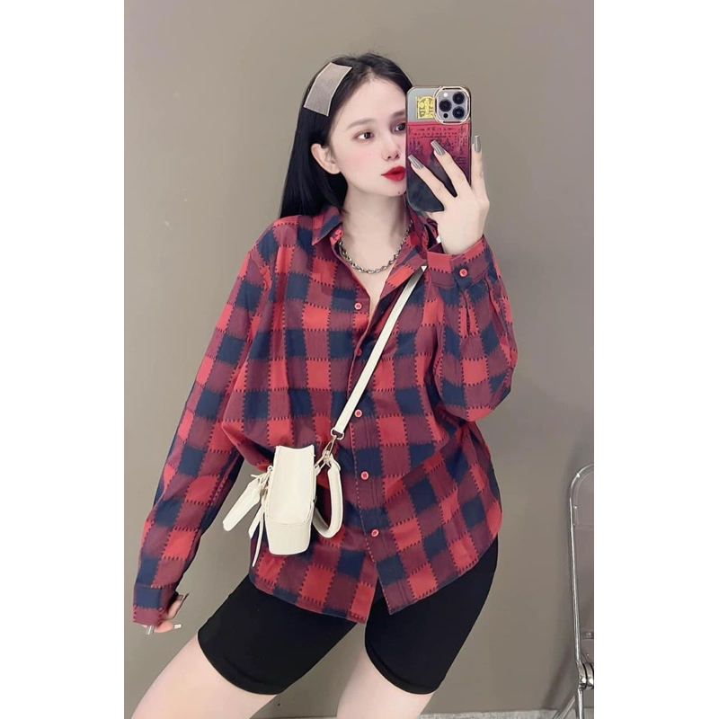 Áo Sơmi Nữ Kẻ Caro Lạ Dáng Rộng Phong Cách Hàn Quốc