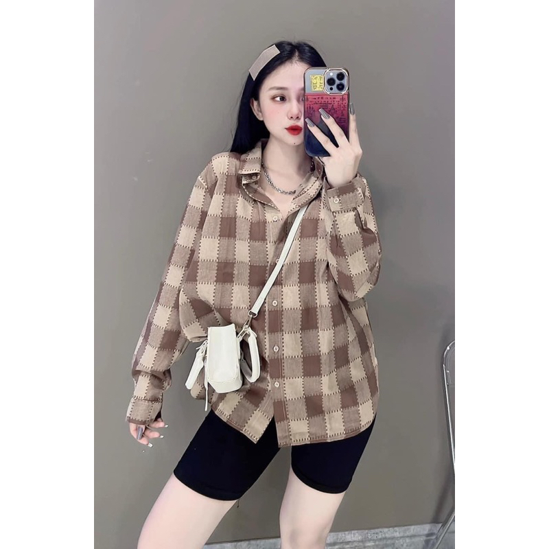 Áo Sơmi Nữ Kẻ Caro Lạ Dáng Rộng Phong Cách Hàn Quốc
