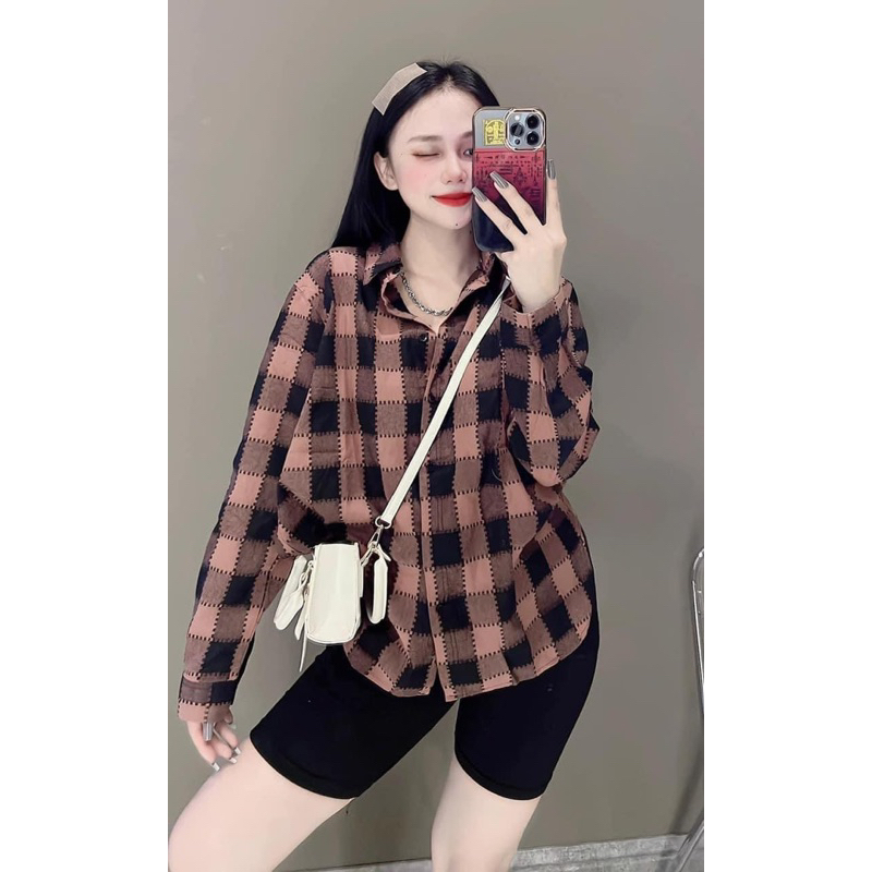 Áo Sơmi Nữ Kẻ Caro Lạ Dáng Rộng Phong Cách Hàn Quốc