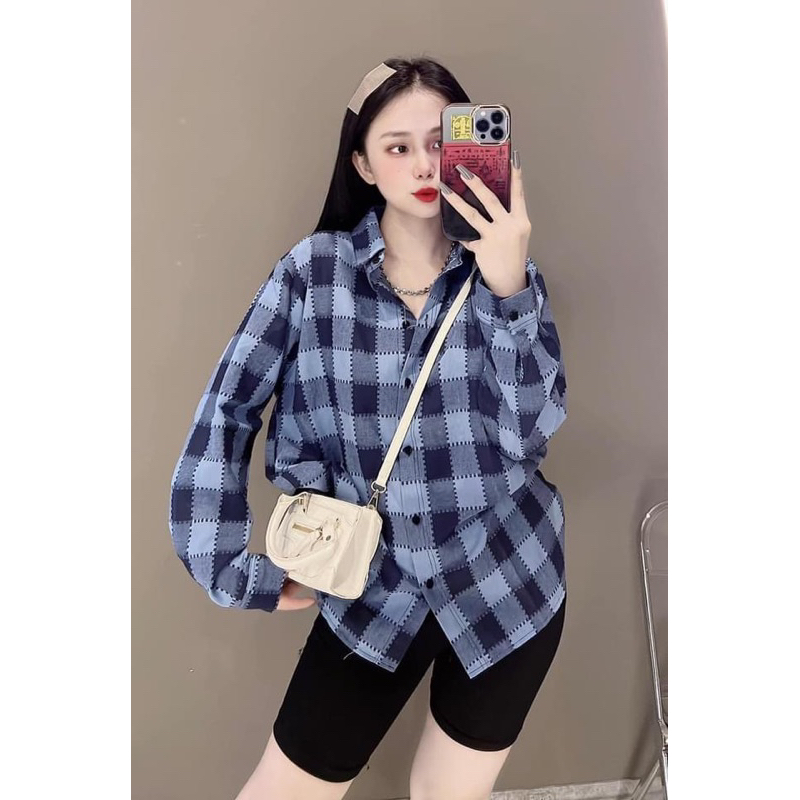 Áo Sơmi Nữ Kẻ Caro Lạ Dáng Rộng Phong Cách Hàn Quốc