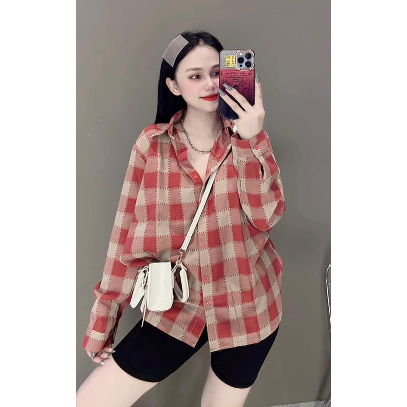 Áo Sơmi Nữ Kẻ Caro Lạ Dáng Rộng Phong Cách Hàn Quốc