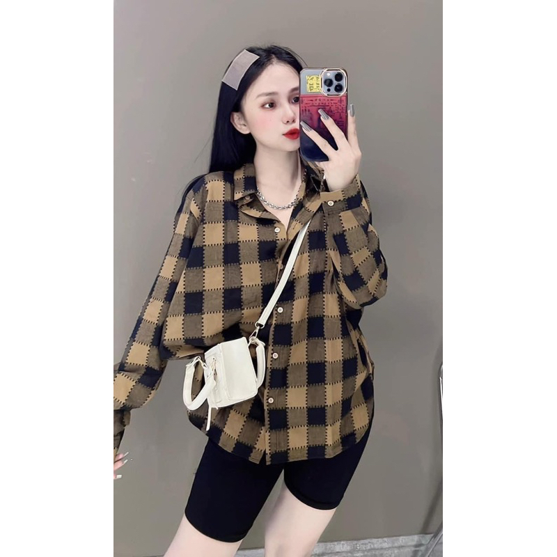 Áo Sơmi Nữ Kẻ Caro Lạ Dáng Rộng Phong Cách Hàn Quốc