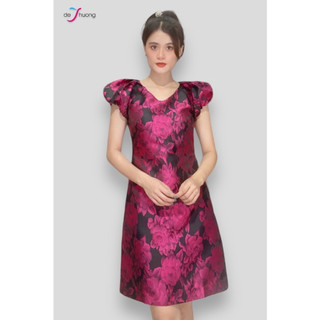 [ Chính hãng ] Đầm nữ suôn cổ tim tay bí phồng 2l, túi - đen hoa hồng sen - DE THUONG