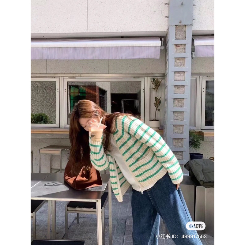 ÁO LEN CARDIGAN KẺ SỌC NGANG XANH LÁ PASTEL