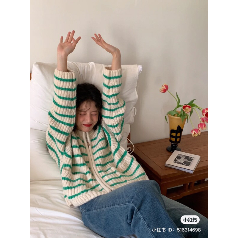 ÁO LEN CARDIGAN KẺ SỌC NGANG XANH LÁ PASTEL