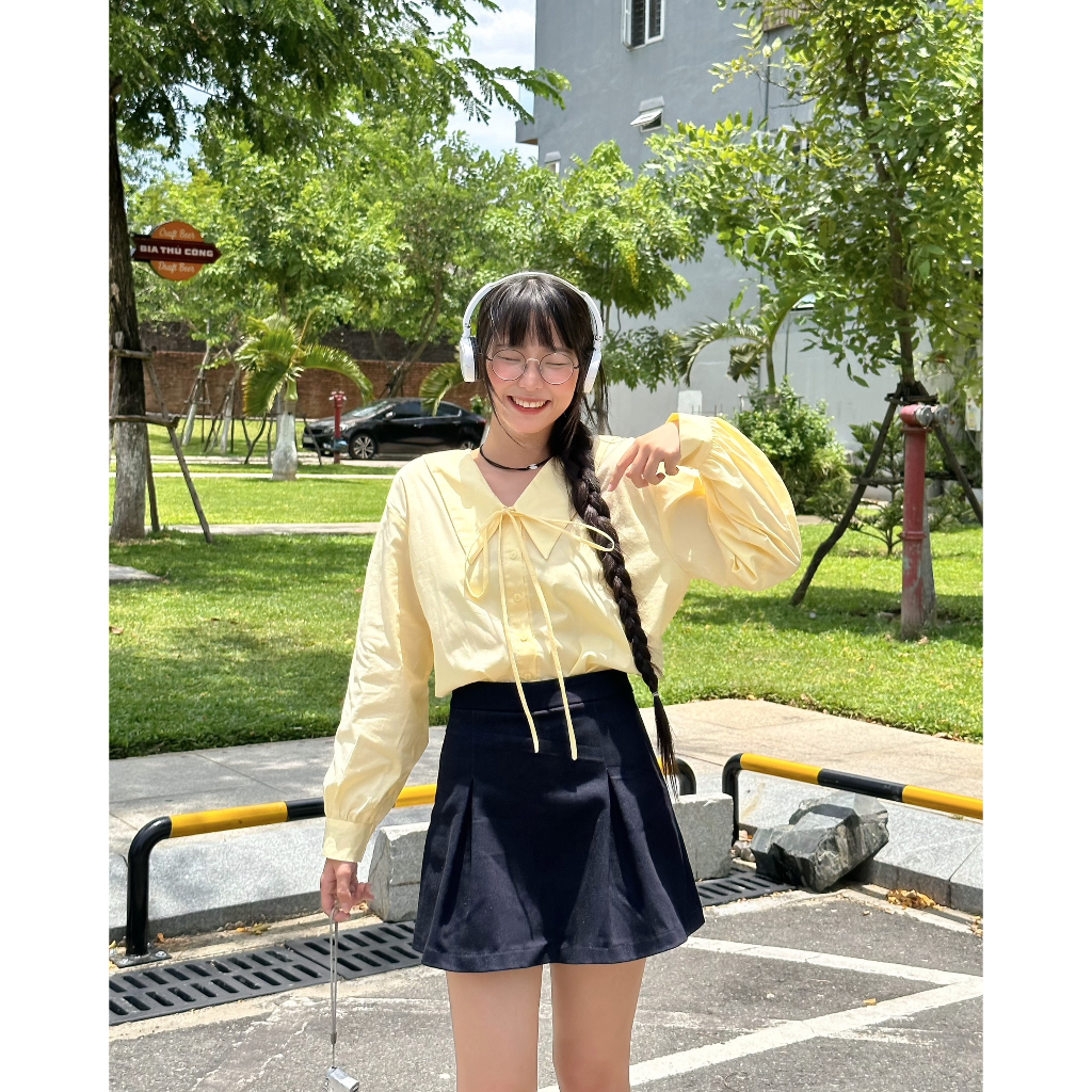 Áo sơ mi cổ V thắt nơ