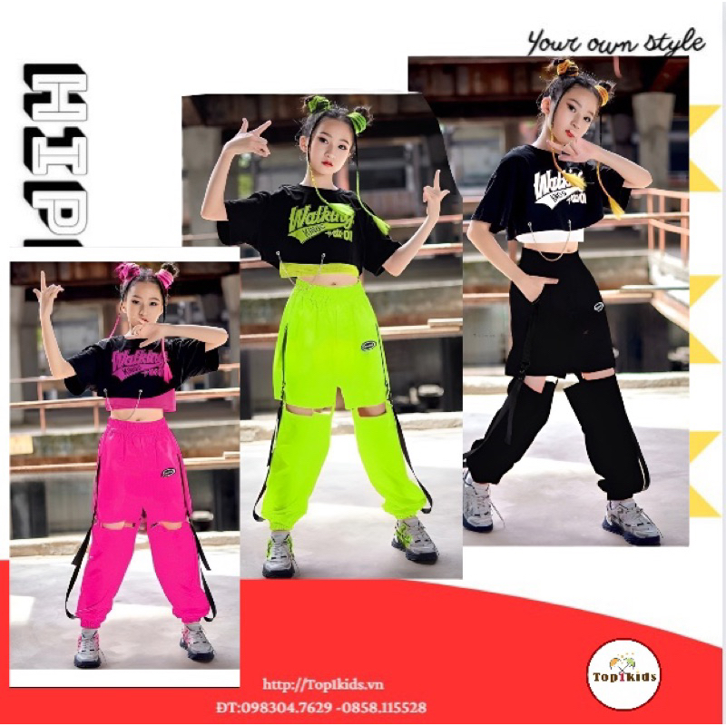Bộ nhảy bé gái áo croptop phối móc khóa, thun cotton, quần jogger dù hở đùi cao cấp,Top1Kids_201732_sg2