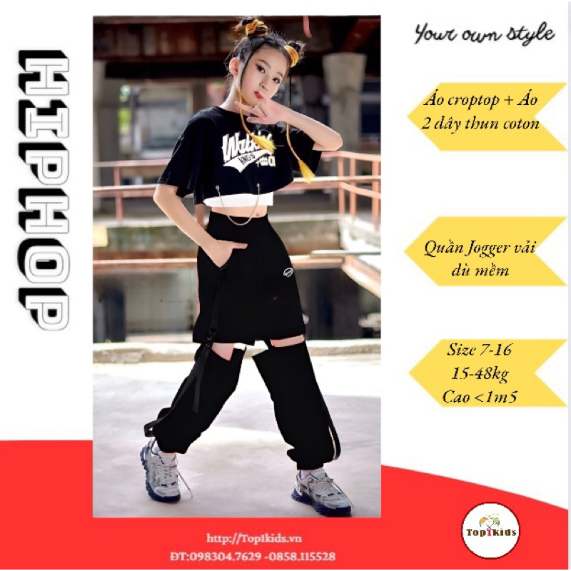 Bộ nhảy bé gái áo croptop phối móc khóa, thun cotton, quần jogger dù hở đùi cao cấp,Top1Kids_201732_sg2