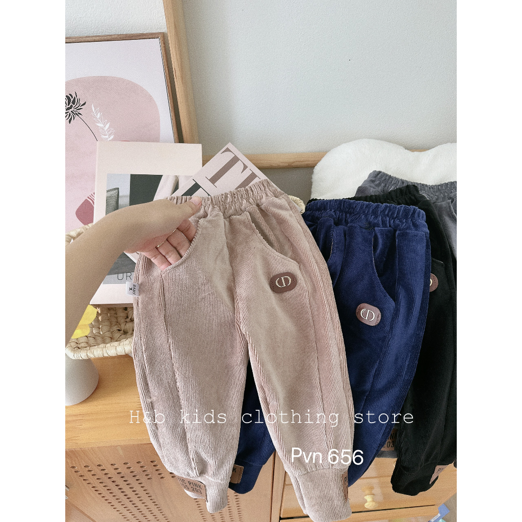 Quần dài bé trai, quần nhung lông bomber ống quần thêu tag da xịn xò cho bé