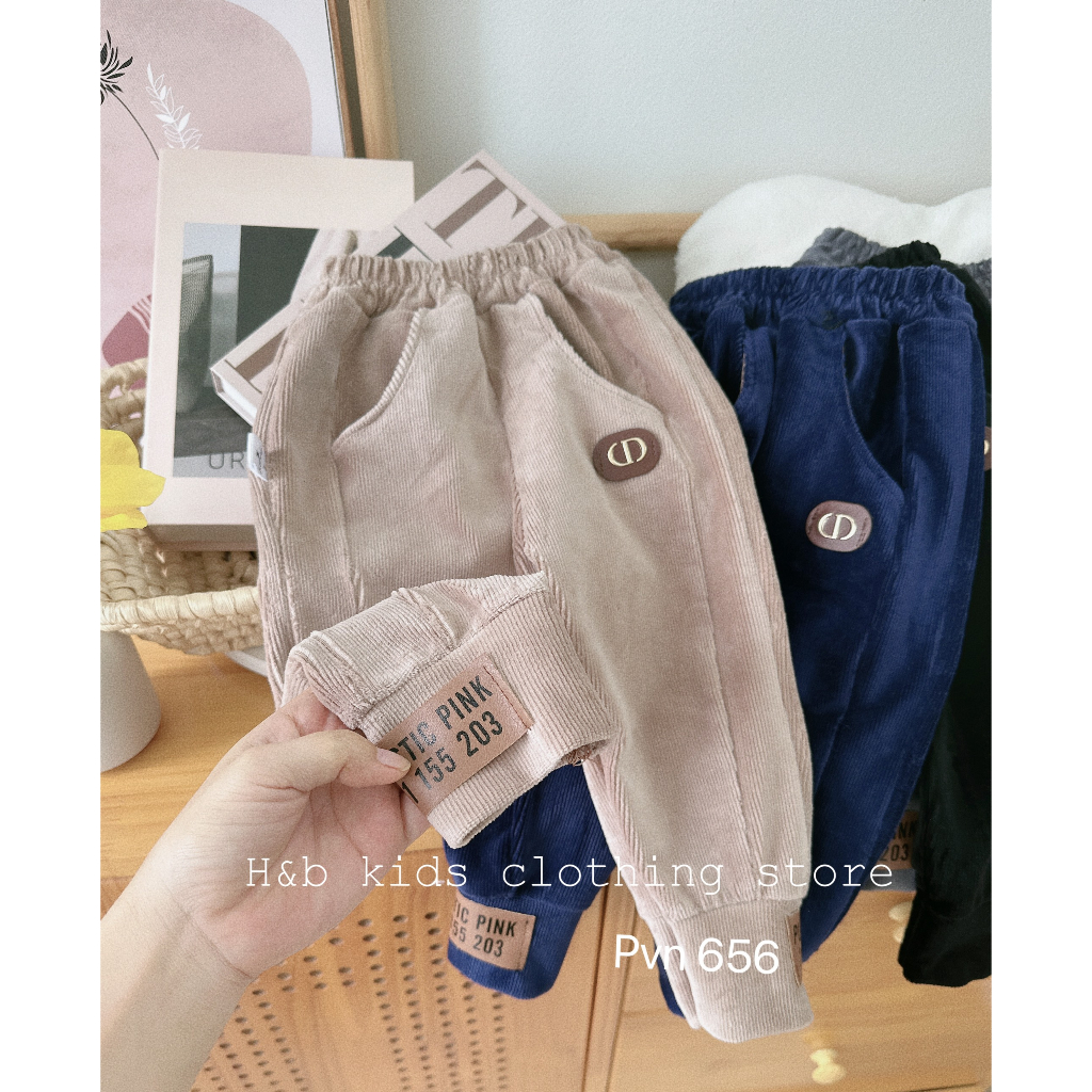 Quần dài bé trai, quần nhung lông bomber ống quần thêu tag da xịn xò cho bé