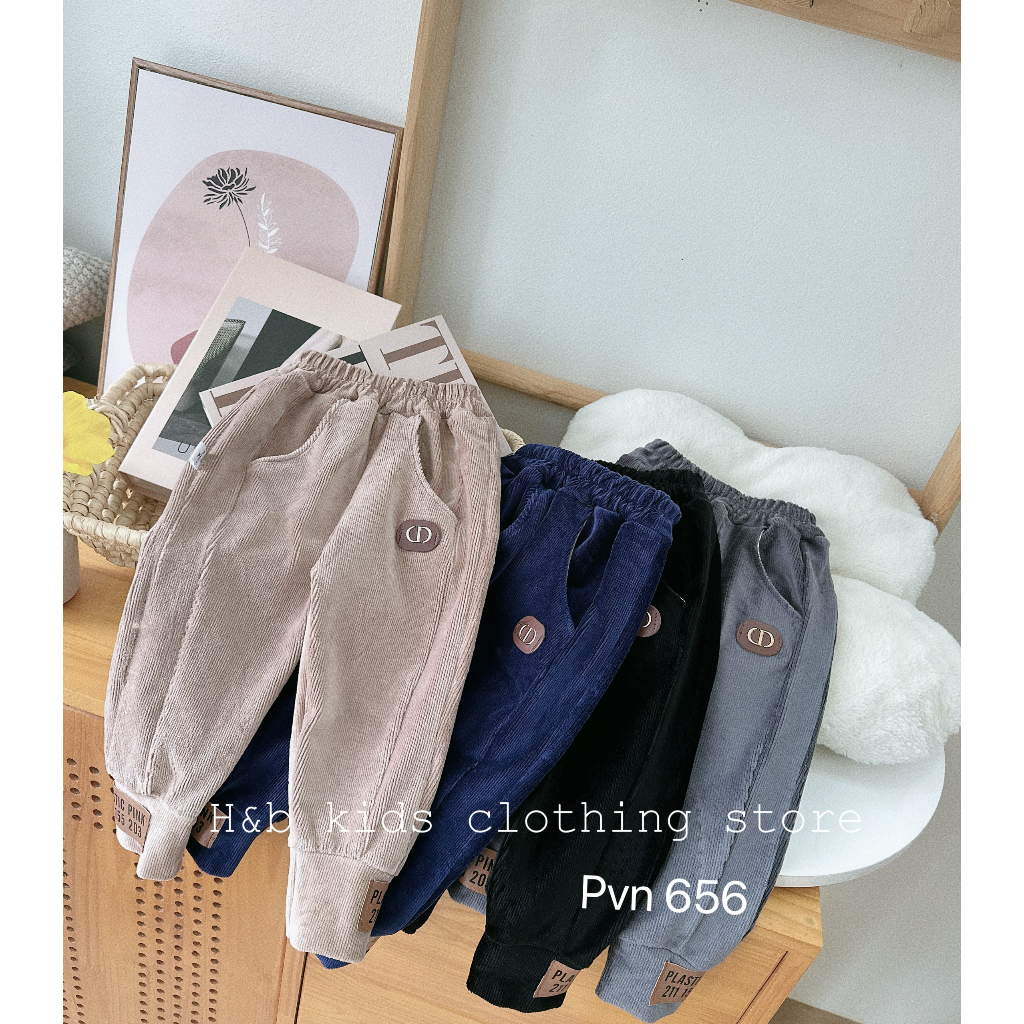 Quần dài bé trai, quần nhung lông bomber ống quần thêu tag da xịn xò cho bé