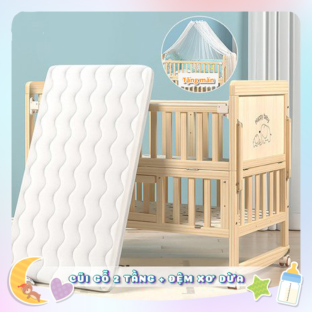 Cũi gỗ thông minh 2 tầng GENMAMA , nôi giường đa năng 6 chế độ kích thước 105*60*90cm