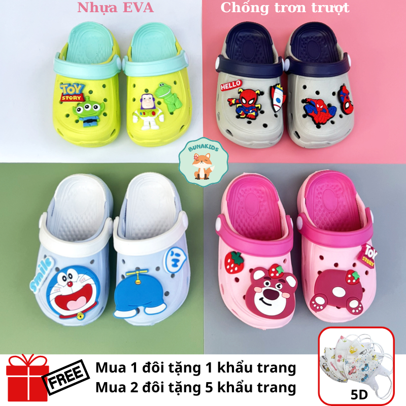 Dép cho bé, dép bé trai, dép bé gái nhựa EVA siêu nhẹ chống trơn trượt hình người nhện, gấu dâu Bunakids D14
