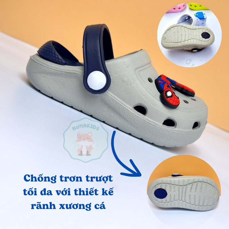 Dép cho bé, dép bé trai, dép bé gái nhựa EVA siêu nhẹ chống trơn trượt hình người nhện, gấu dâu Bunakids D14