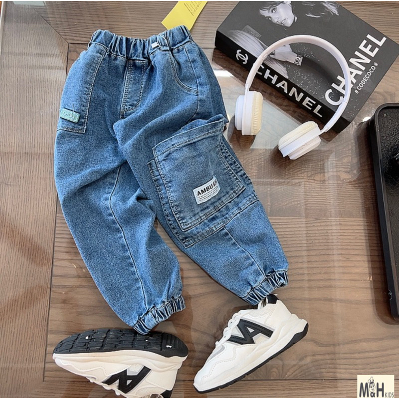 Quần jean dài ống bo vải mềm co giãn cho bé trai