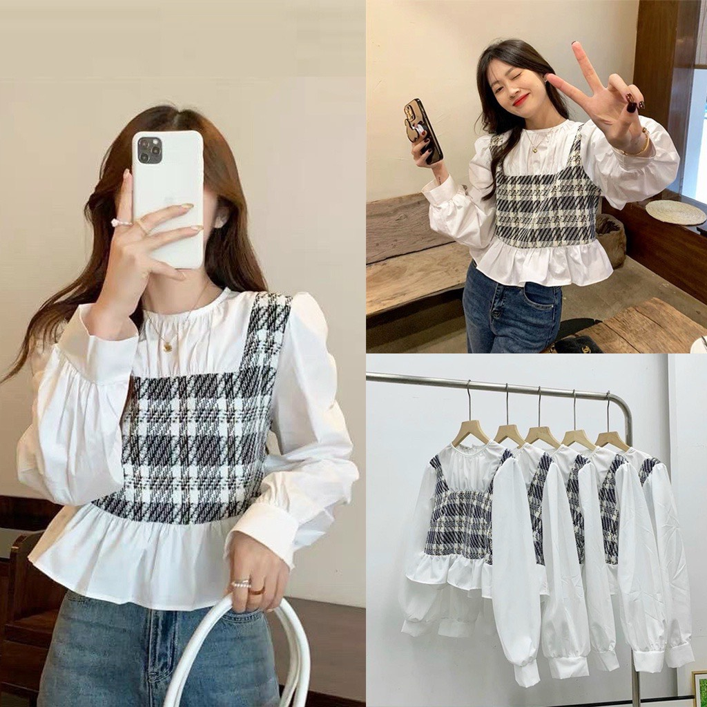 Áo babydoll kiểu nữ viền bèo tay bồng phối dạ kẻ tiểu thư